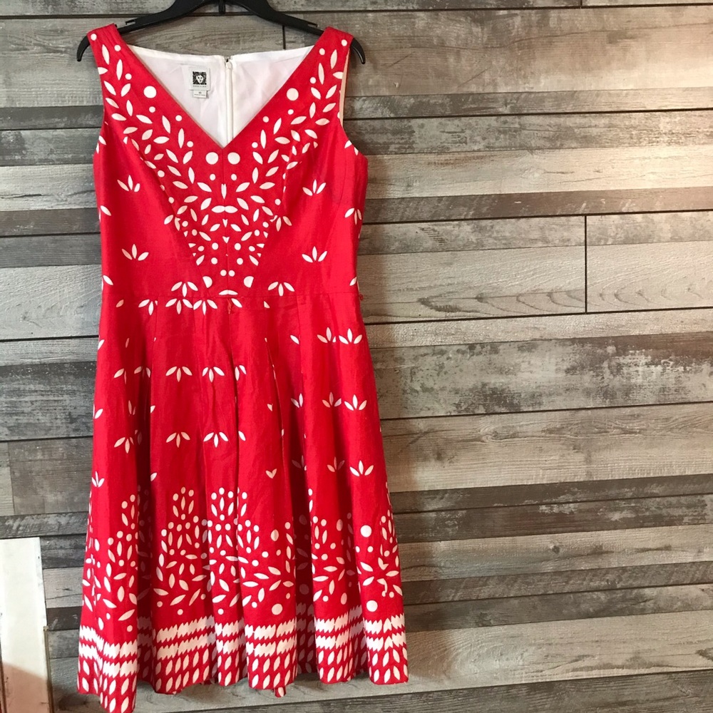Anne Klein Red and White Sleeveless V-Neck Fit-and-Flare Dress